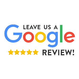 Text reading 'Leave us a Google review!' with five yellow stars.