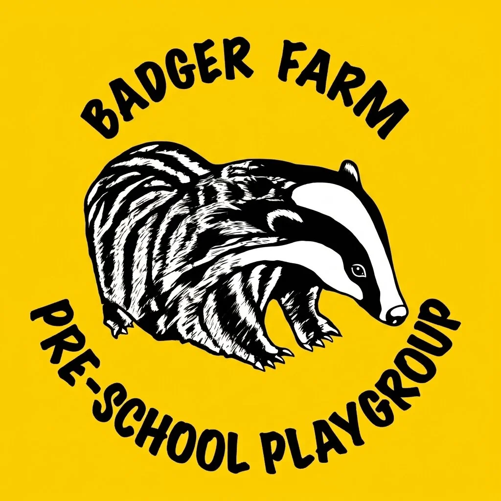 Logo for Badger Farm Pre-School Playgroup featuring a black and white badger and grizzly bear illustration on a yellow background, with the text "Badger Farm Pre-School Playgroup" in black curved around the animals.