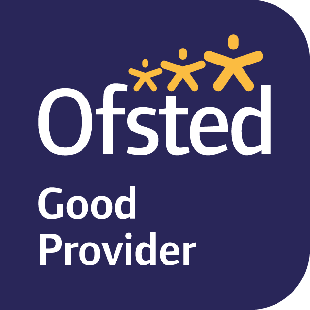 Ofsted logo with three stylized children in yellow and the words "Good Provider" on a dark blue background.