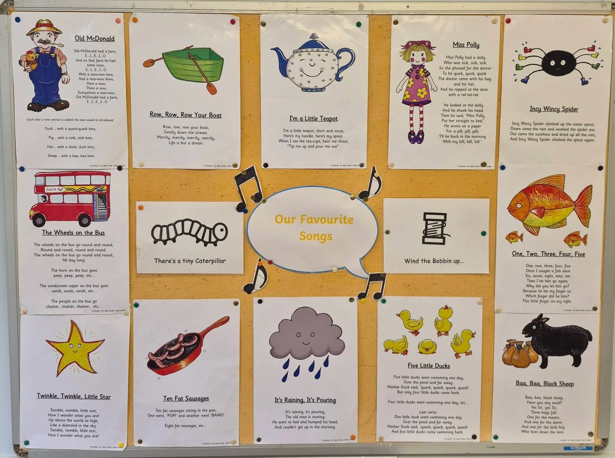 A bulletin board displaying various children's song lyrics along with illustrations, including a farmer, boat, teapot, girl, spider, caterpillar, rain, ducks, and a sheep, with a yellow background and colorful pin decorations.