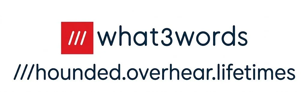 Logo for what3words with a red square containing three white slashes, and the words "what3words" next to it, along with the phrase "//hounded.overhear.lifetimes" below.
