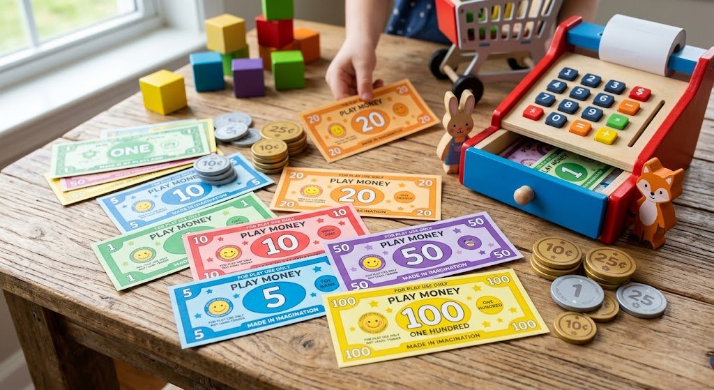 Children's play money and a toy cash register on a wooden table, with colorful blocks in the background.