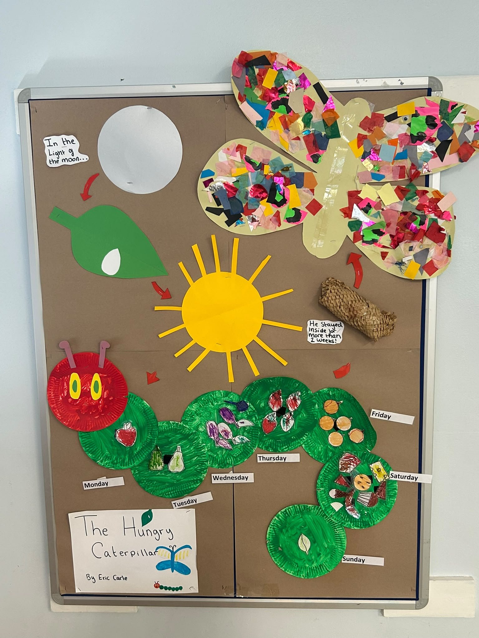 A classroom bulletin board with a large paper butterfly decorated with colorful collage on a brown background. Various labels indicate days of the week and other notes, including the title 'The Hungry Caterpillar' with a drawing of the caterpillar and a butterfly.