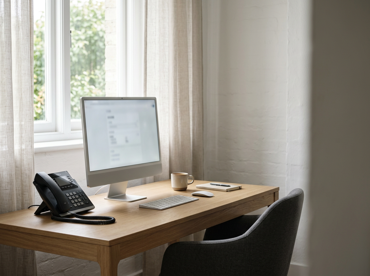 Office desk with a computer, telephone, notepad, pen, mug, and mouse in front of a window with curtains