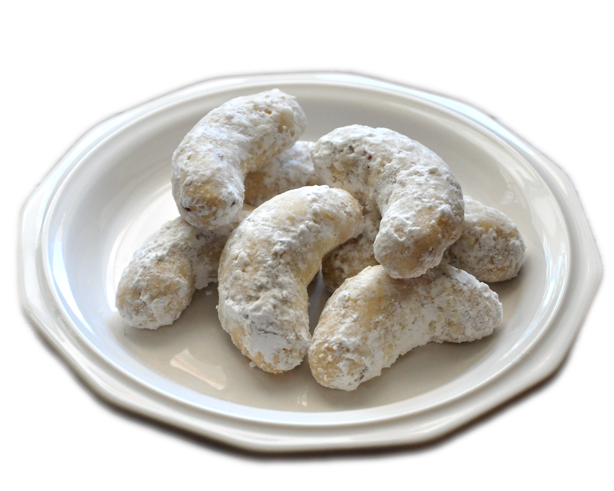 plate of pecan crescent cookies
