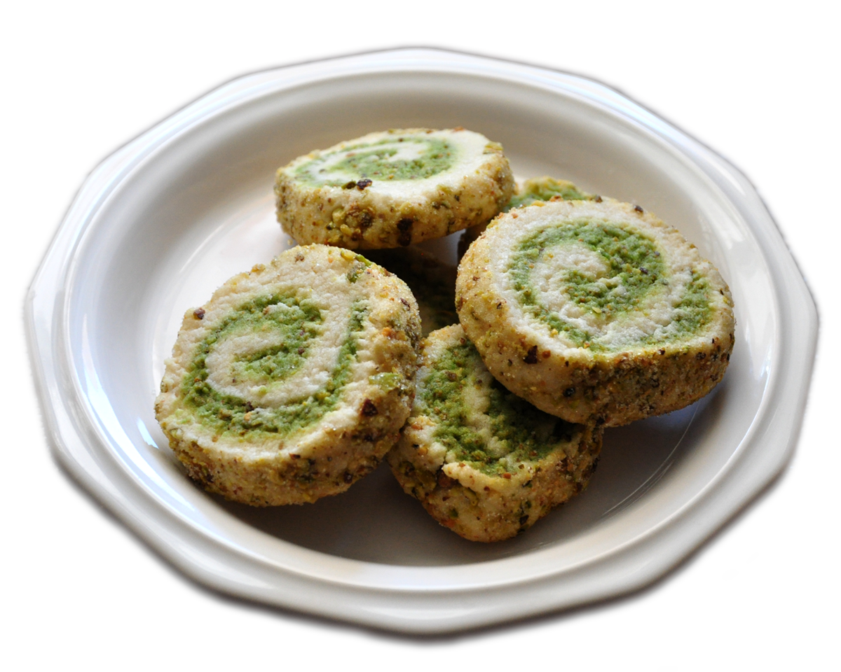 plate of pistachio pinwheel cookies