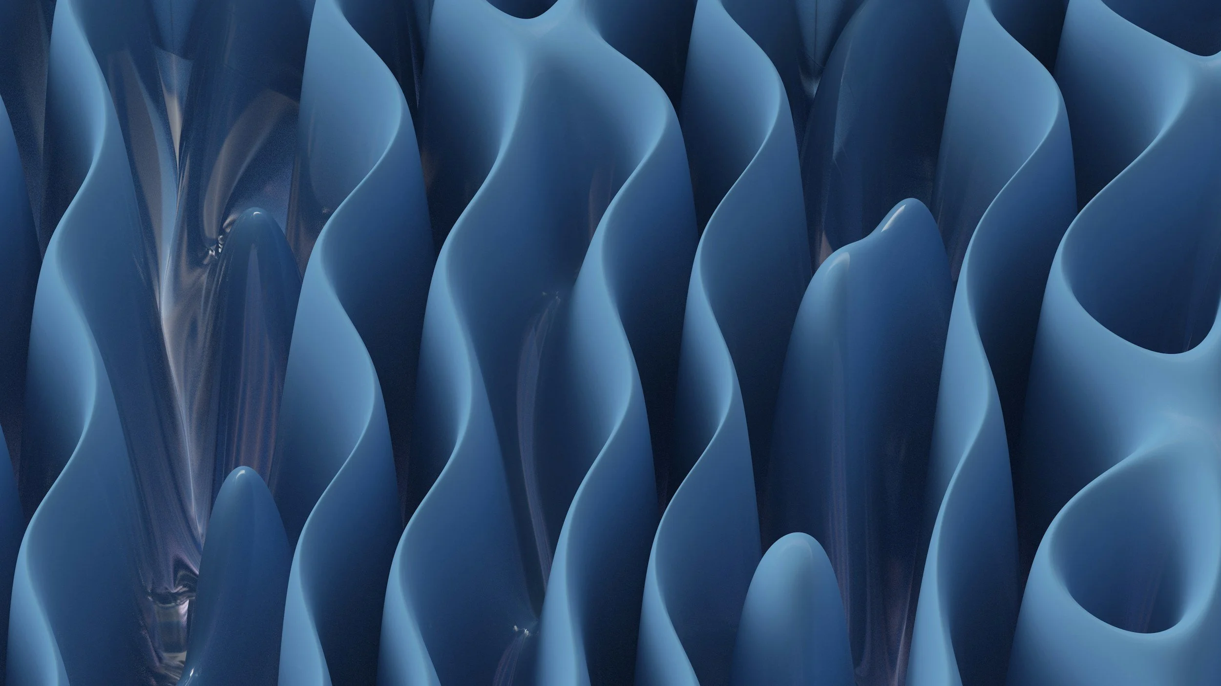 Abstract digital artwork featuring smooth, curved blue shapes in a repeated pattern.
