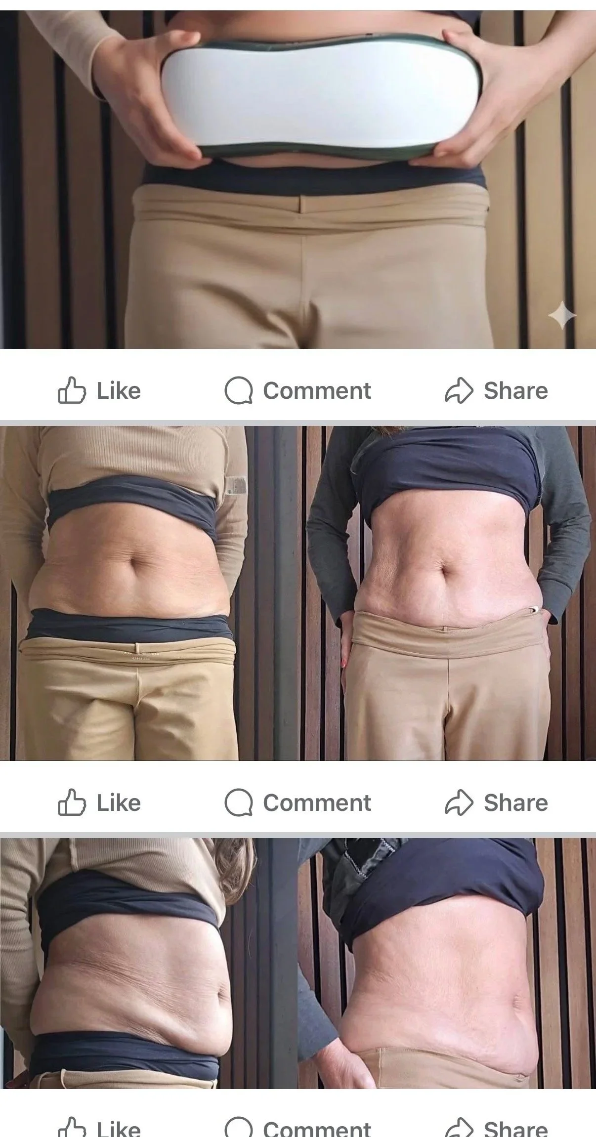 Three midsections showing stomachs before and after weight loss or body transformation.