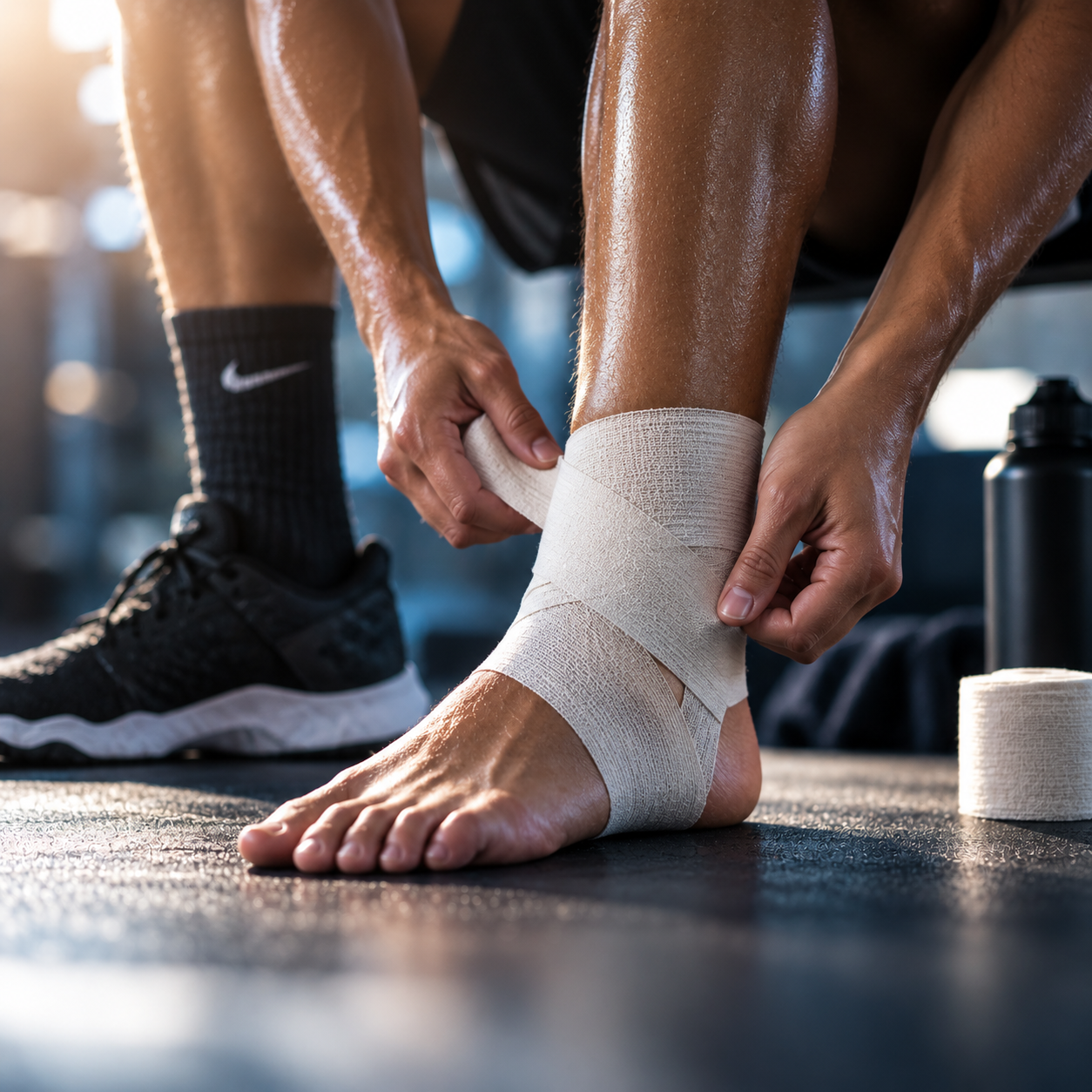 A person wrapping athletic tape around their ankle in a gym or fitness setting.