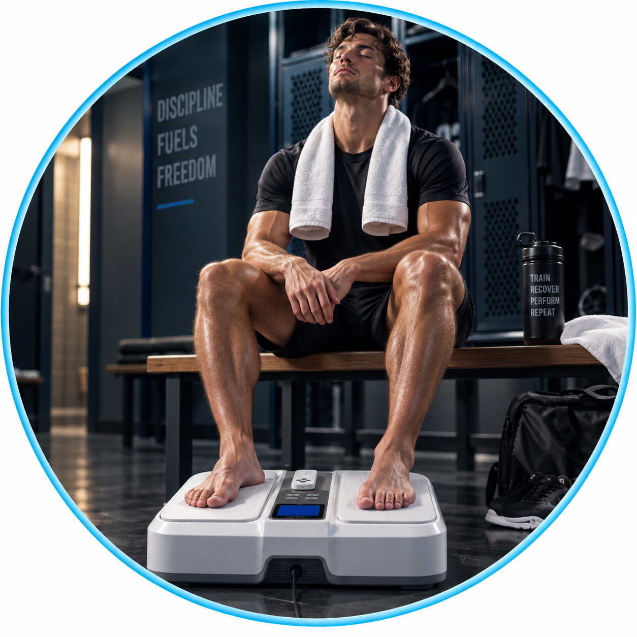 A young man sits on a bench in a gym locker room after working out, with a towel around his neck, looking relaxed. He is barefoot on a digital scale, surrounded by fitness gear including a water bottle with motivational text, a towel, and a gym bag. The background features lockers and a poster that reads, 'Discipline Fuels Freedom.'