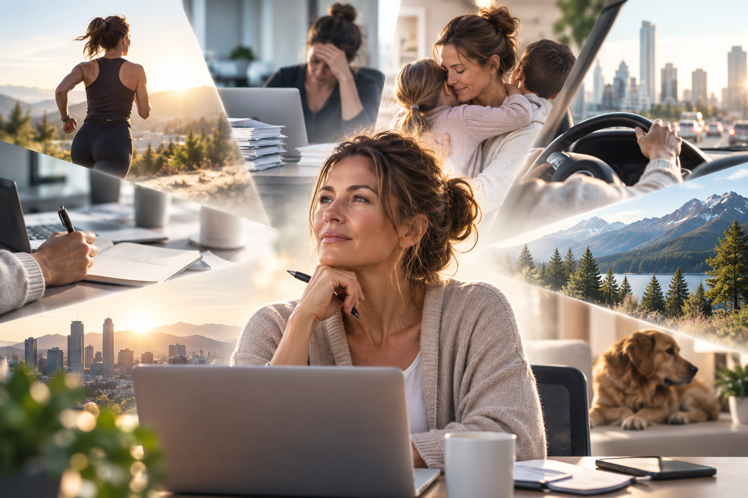 Collage of various scenes showing a woman working, running at sunrise, hugging children, driving, and relaxing at home with her dog, with a cityscape, mountains, and lakes in the backgrounds.