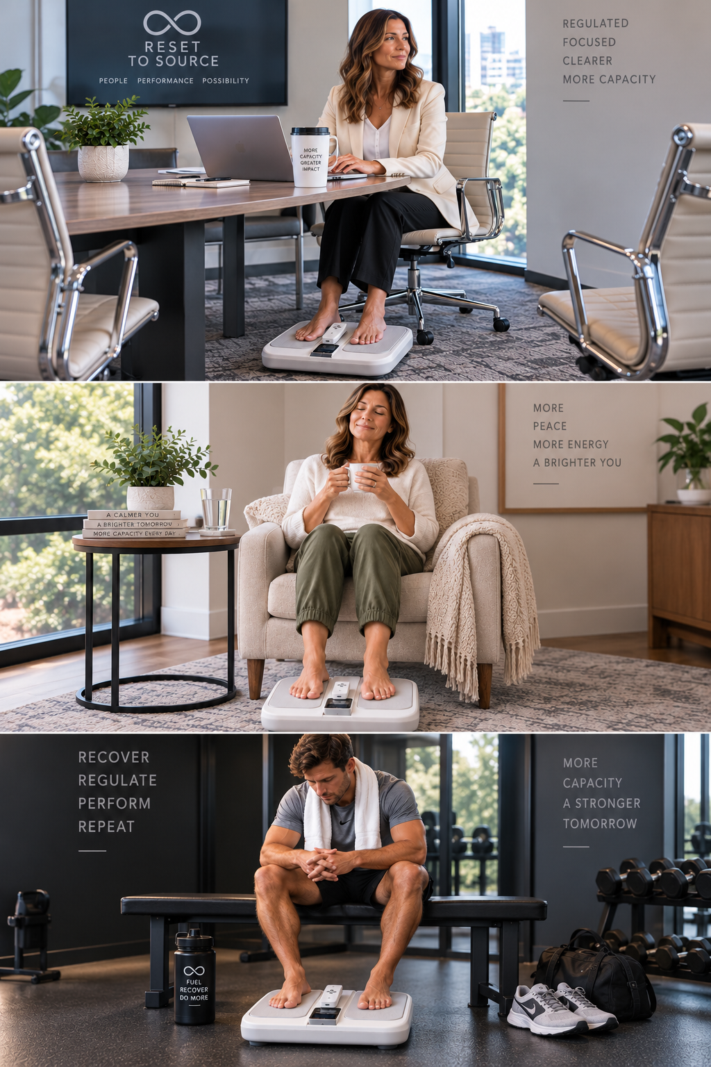 Three images showing a woman, a woman, and a man using a digital weighing scale in different settings. The woman in the first image is sitting at a desk in a meeting room, the second woman is sitting on a couch in a living room, and the man is sitting in a gym with weights and workout gear around him.