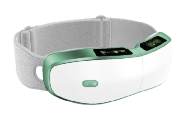 A white and green headband-style virtual reality headset with control buttons and a digital display on the top.