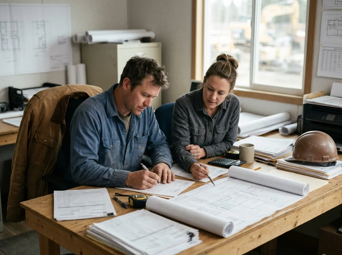 Two architects or engineers collaborating on blueprints at a work table in an office with construction plans, a measuring tape, a helmet, and office supplies.