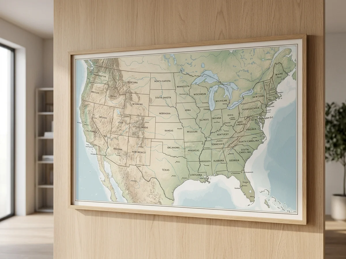 A map of the United States hanging on a wooden wall in a room with light-colored flooring and window.