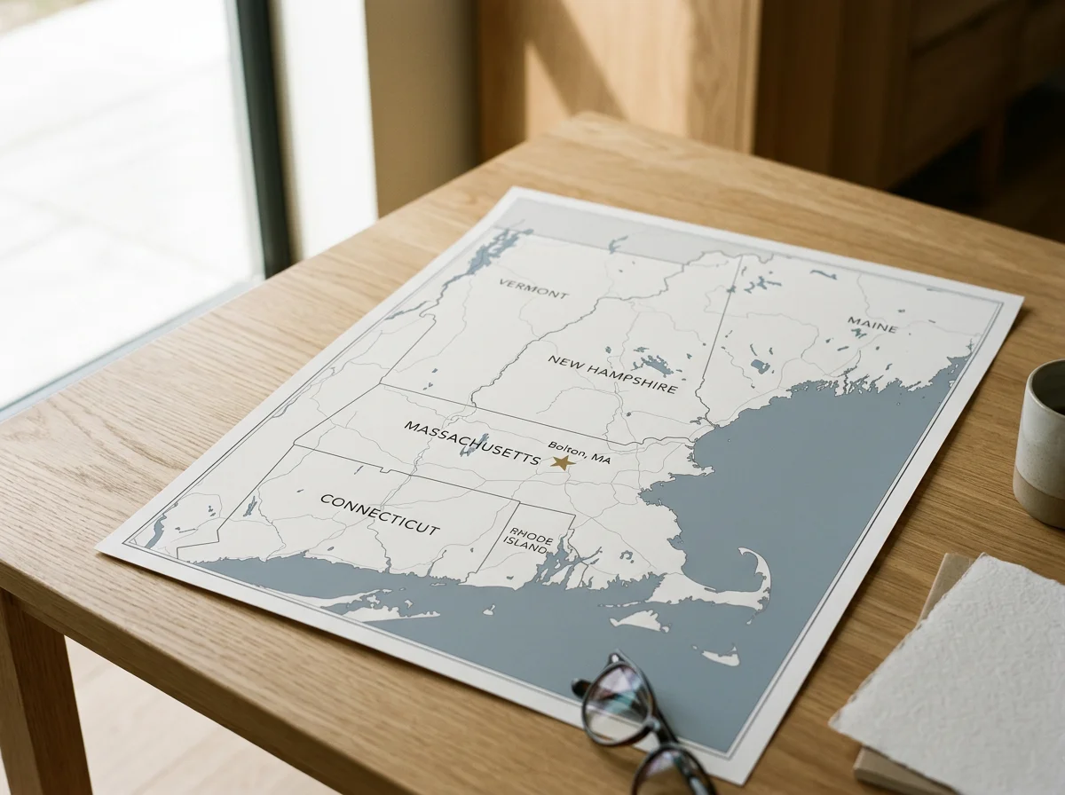 Map of the northeastern United States showing states like Maine, Vermont, New Hampshire, Massachusetts, Connecticut, Rhode Island, and a star marking Bolton, MA.