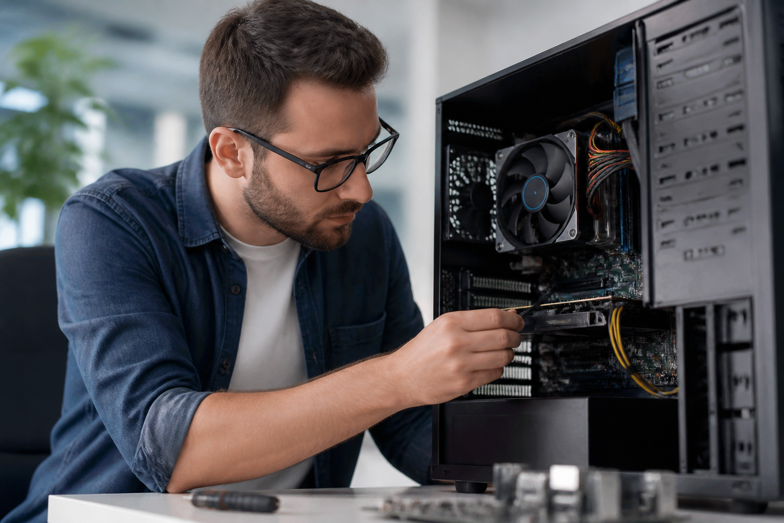 Technician assembling and repairing a desktop computer.