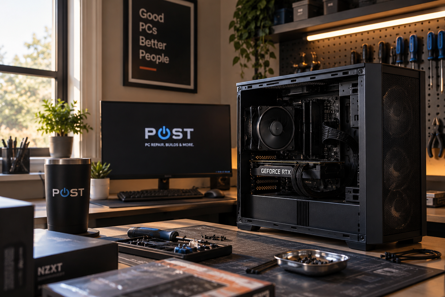 POST PC repair workstation with an open desktop computer and repair tools.