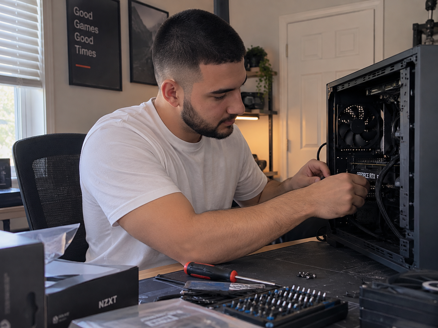 Technician installing components during a custom PC build.