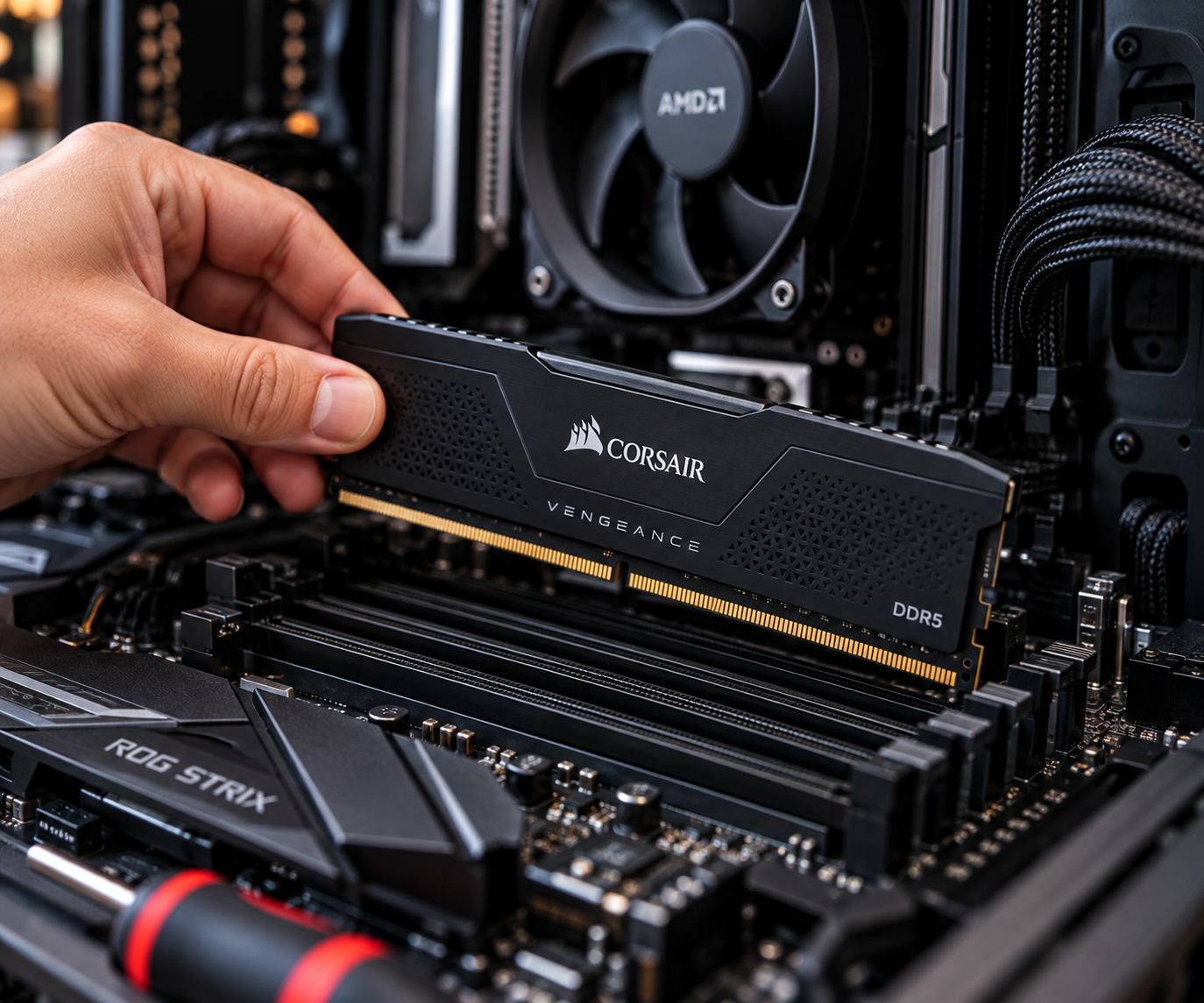 Installing a RAM module in a desktop PC motherboard.