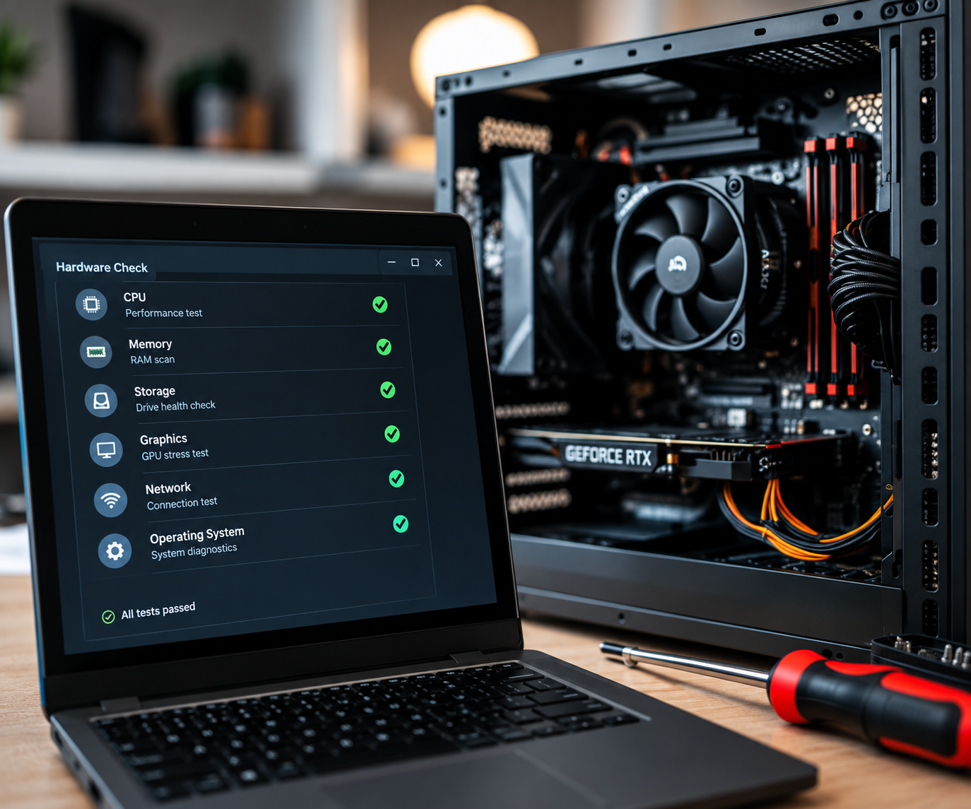 Laptop running hardware diagnostics beside an open desktop PC.