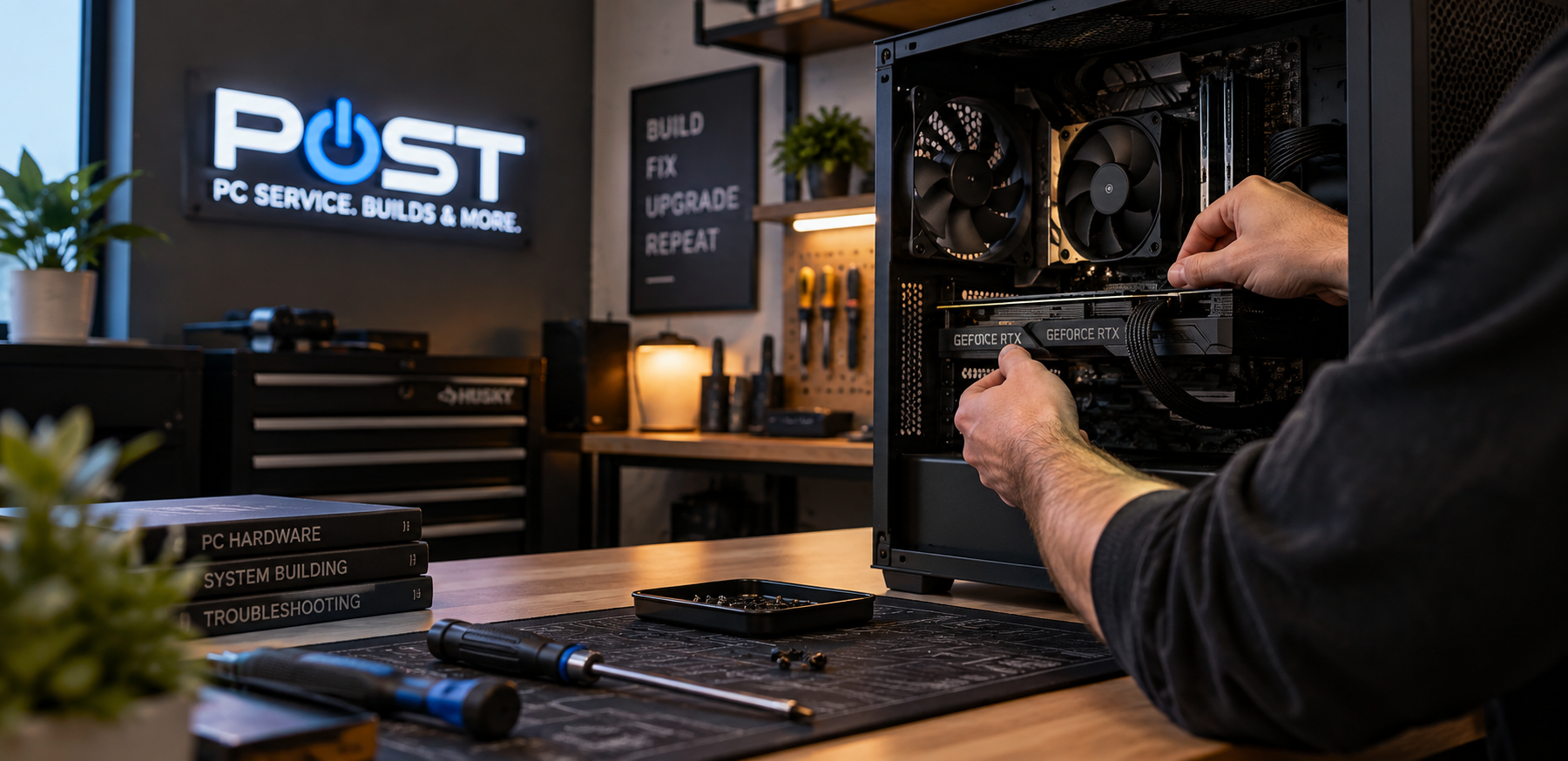 POST technician assembling a custom desktop PC at a workbench.