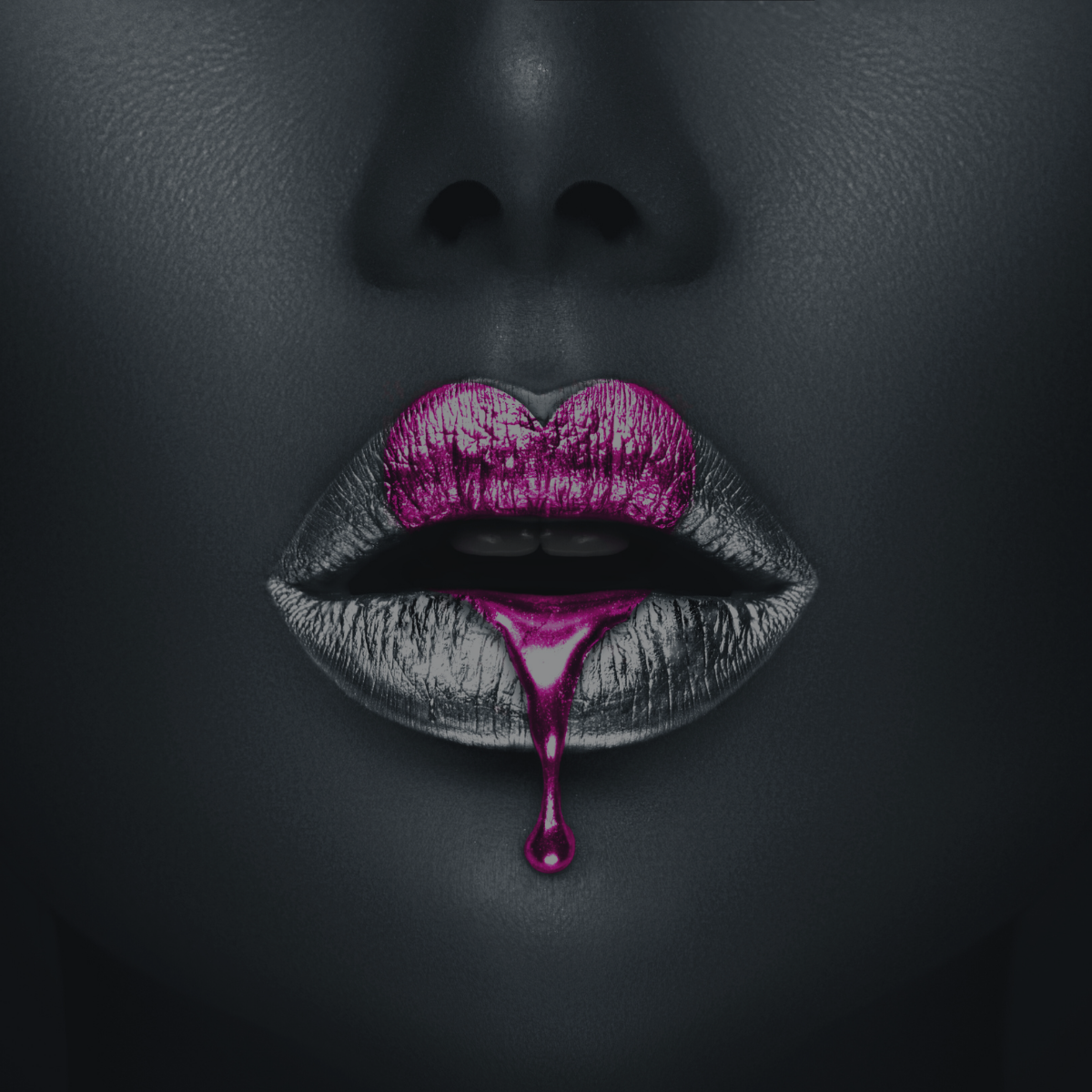 Lila Grey Romance logo featuring silver lips dripping with hot pink paint.