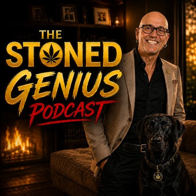 A smiling man with glasses, a beard, and a bald head wearing a beige blazer, black shirt, standing next to a large black dog with a cannabis leaf pendant, in a cozy room with a fireplace and framed photos on the wall, with a poster displaying "The Stoned Genius Podcast" logo.