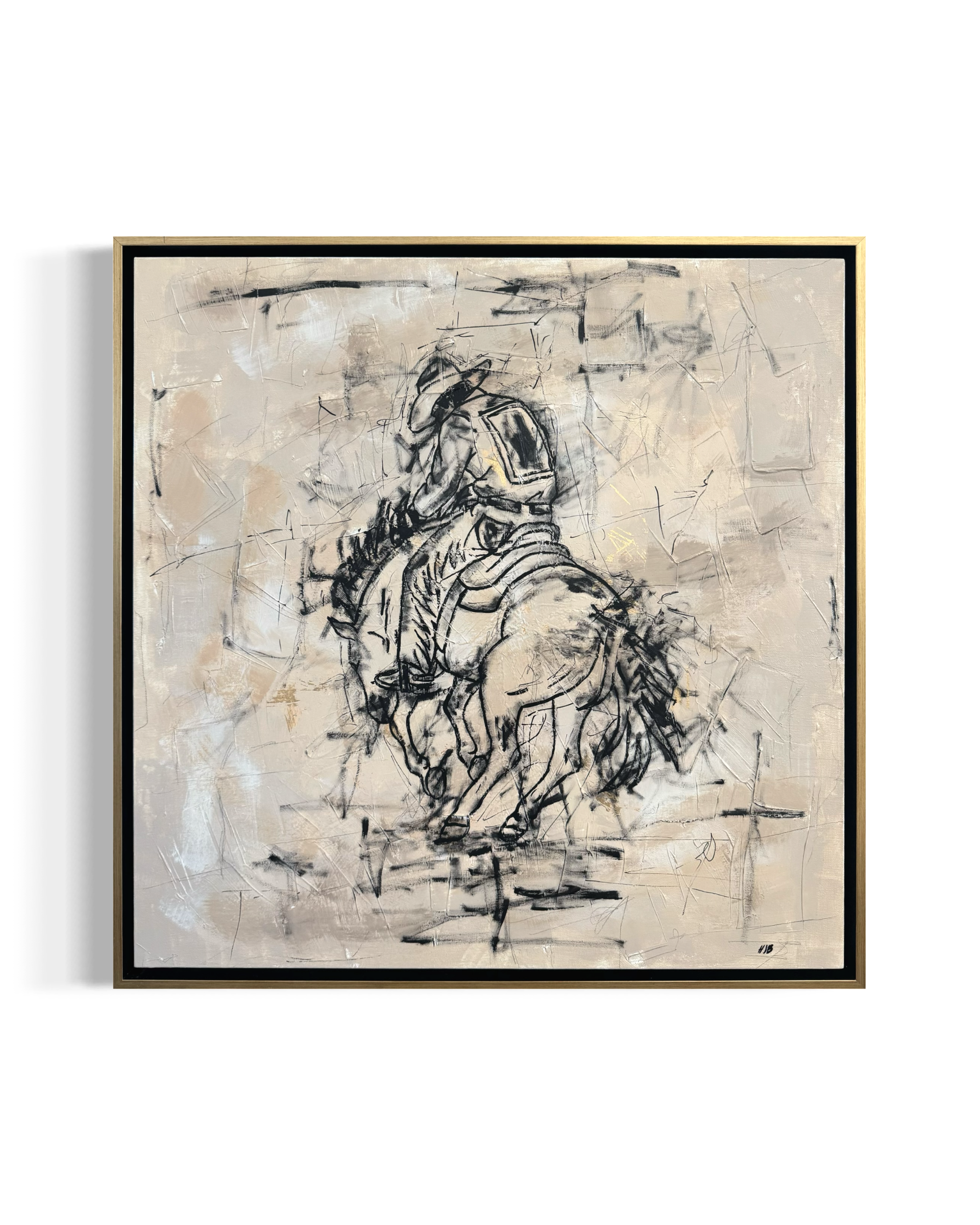 Abstract black and white painting of a person riding a horse, with sketchy lines and textured background.