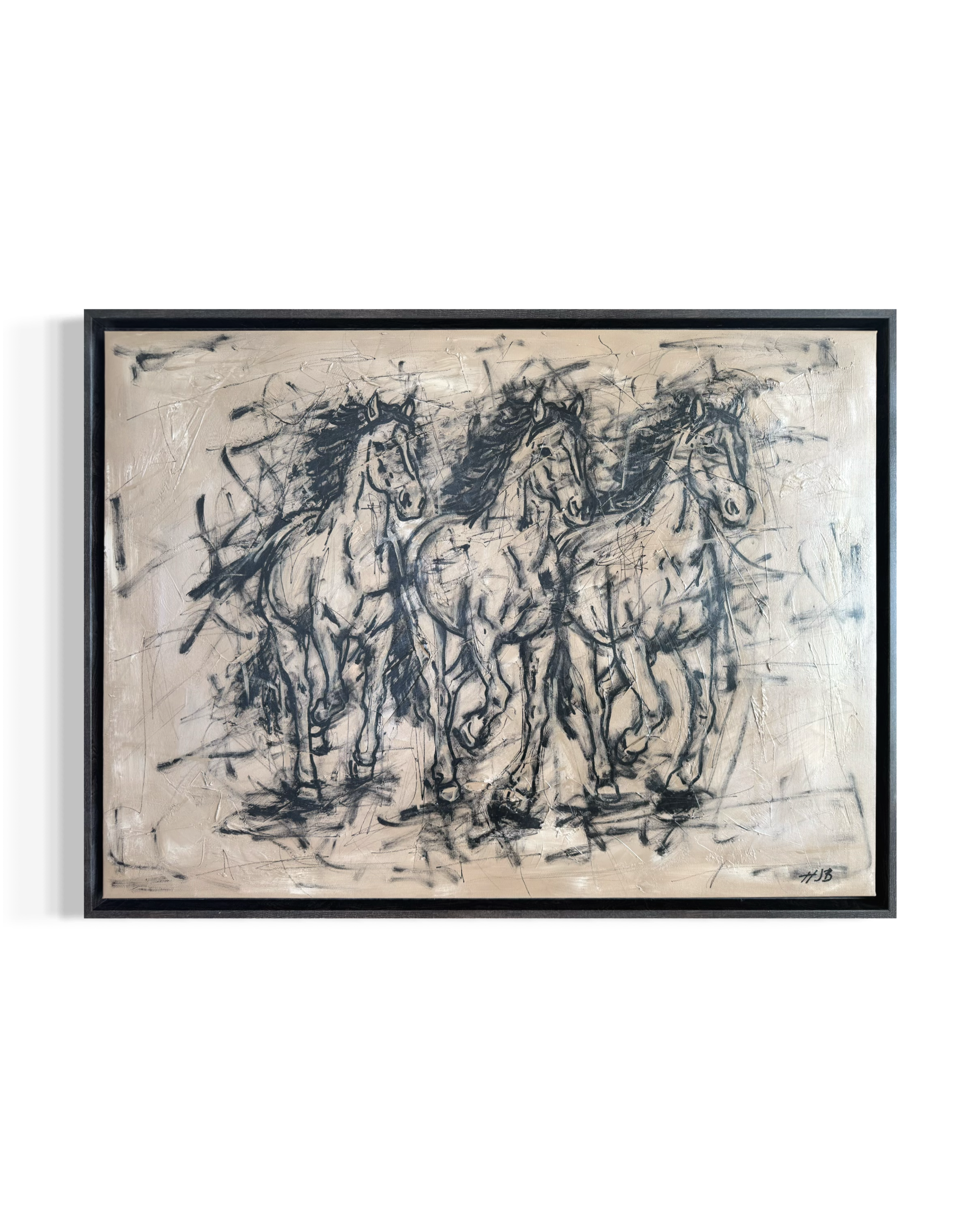 Abstract black and white painting of three horses in motion, with expressive brushstrokes and dynamic lines, signed in the lower right corner.