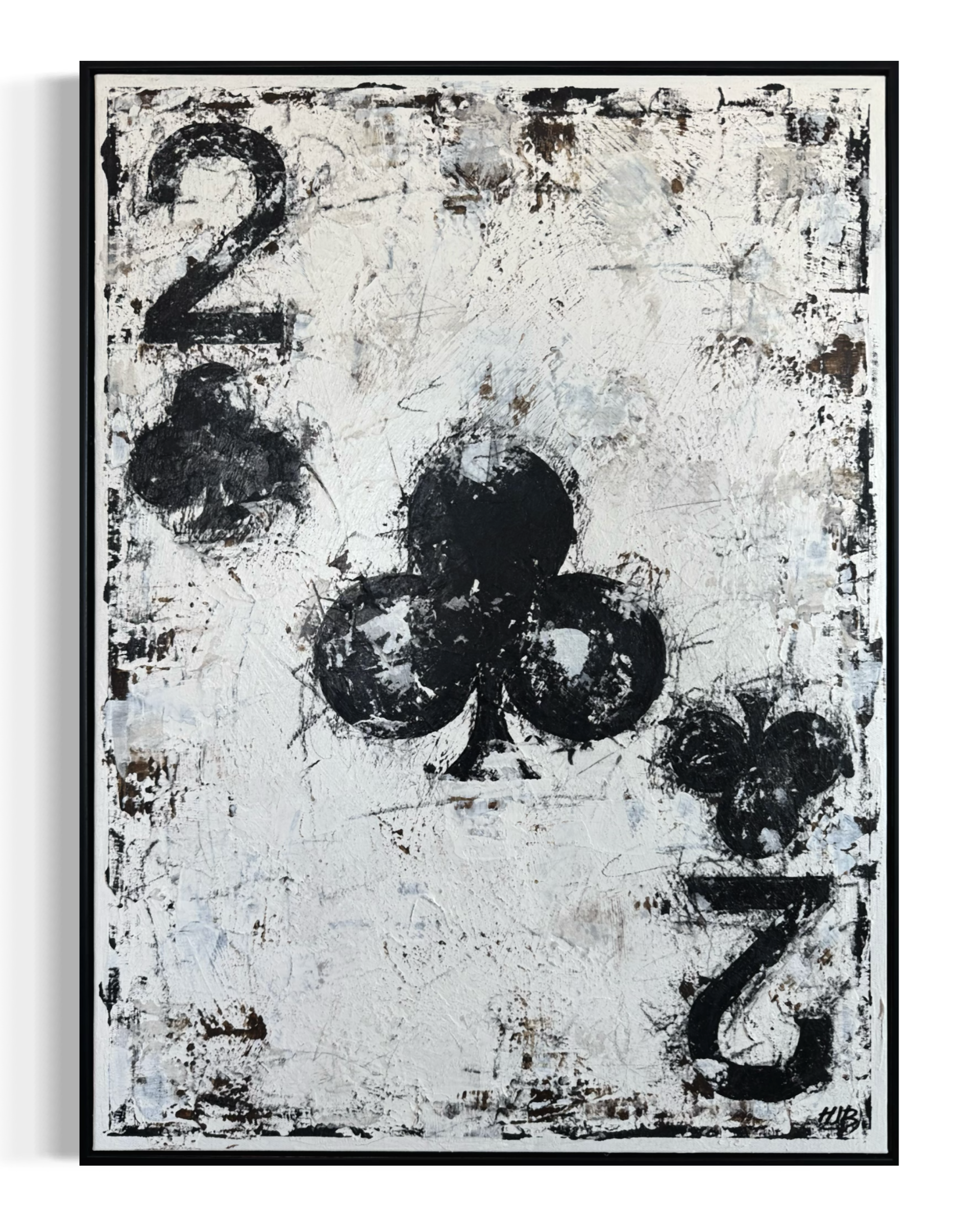An abstract painting with black, white, and brown textured paint, featuring a large black number two near the top left corner and a black club symbol at the bottom center.