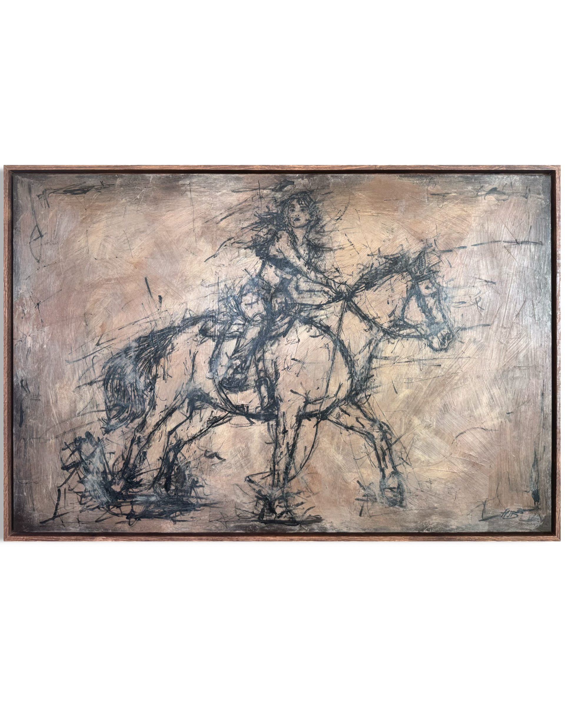 A framed abstract sketch of a woman riding a horse, drawn with black lines on a textured beige background.