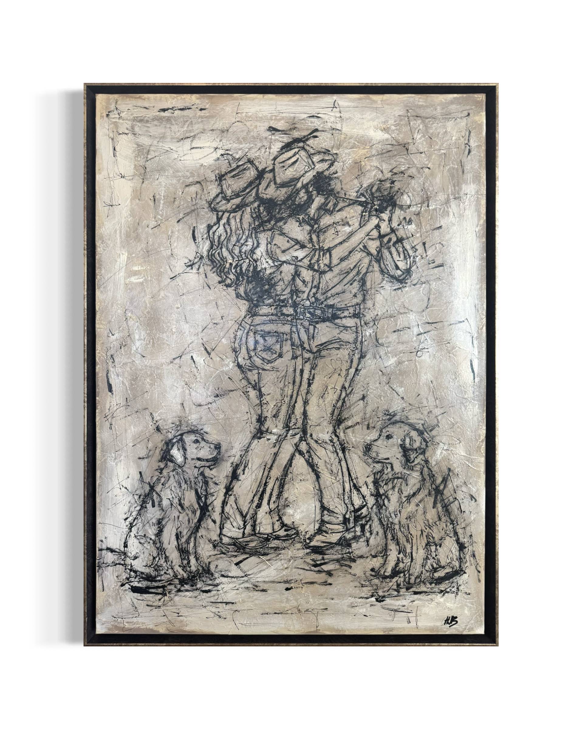 A sketch-style artwork of a woman with curly hair, wearing a hat and a top, standing with her hand resting on her stomach. She is surrounded by multiple dogs, with some looking up at her. The background features abstract, textured, light-colored stro