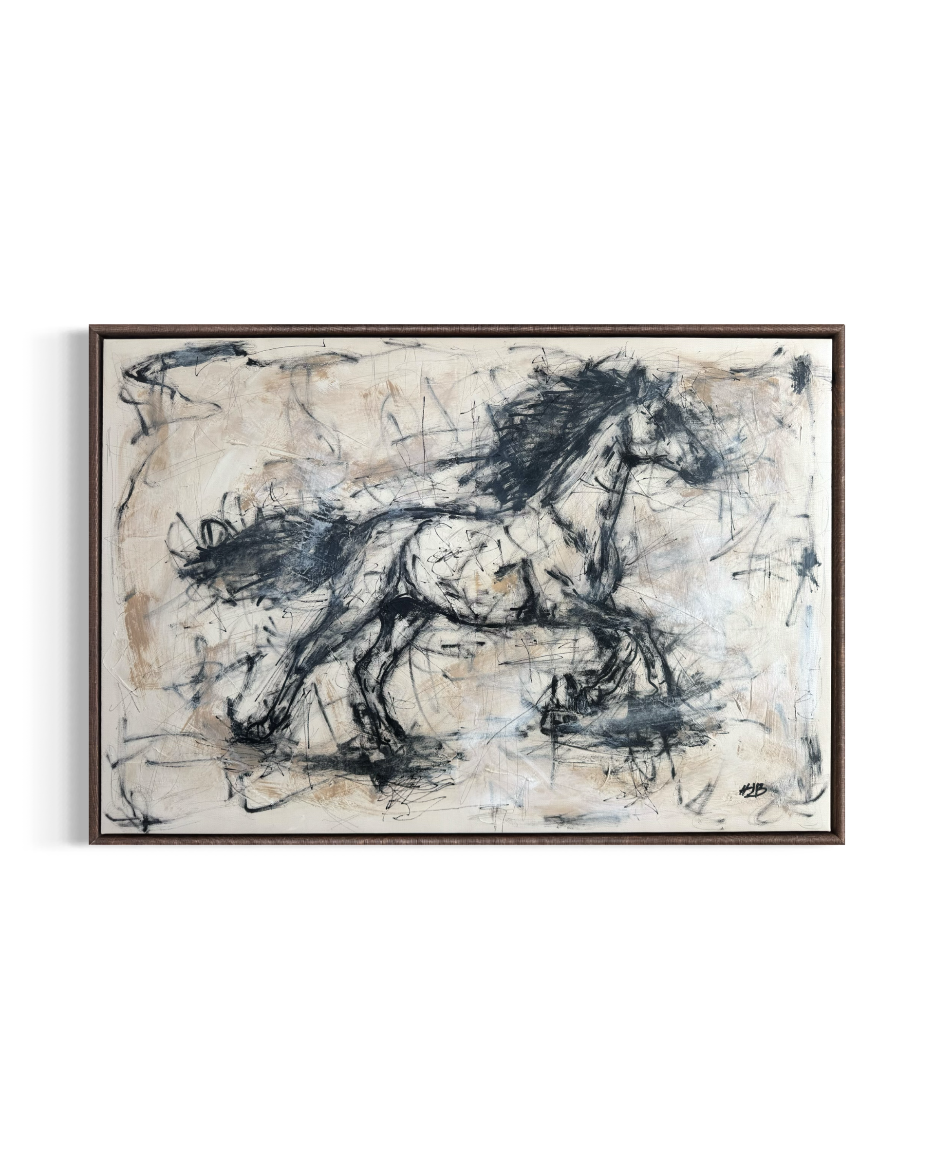 Abstract painting of a horse in motion with black, gray, and beige brushstrokes, framed and hanging on a wall.