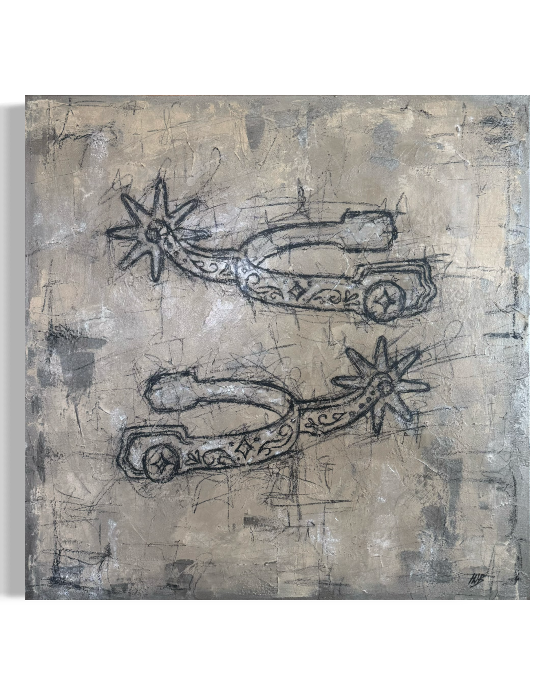 A rough sketch of a decorated sleigh and two snowflake designs on a weathered, textured background.