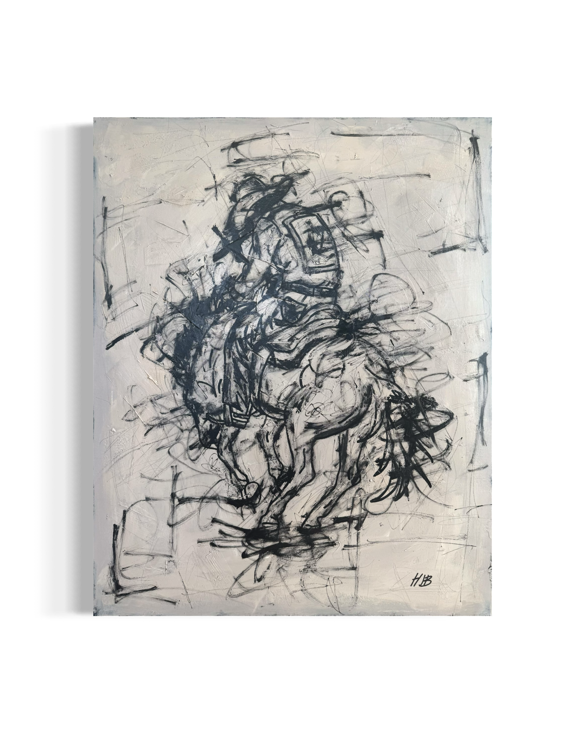 Abstract black ink sketches on a white canvas, signed with initials 'HB' at the bottom right.