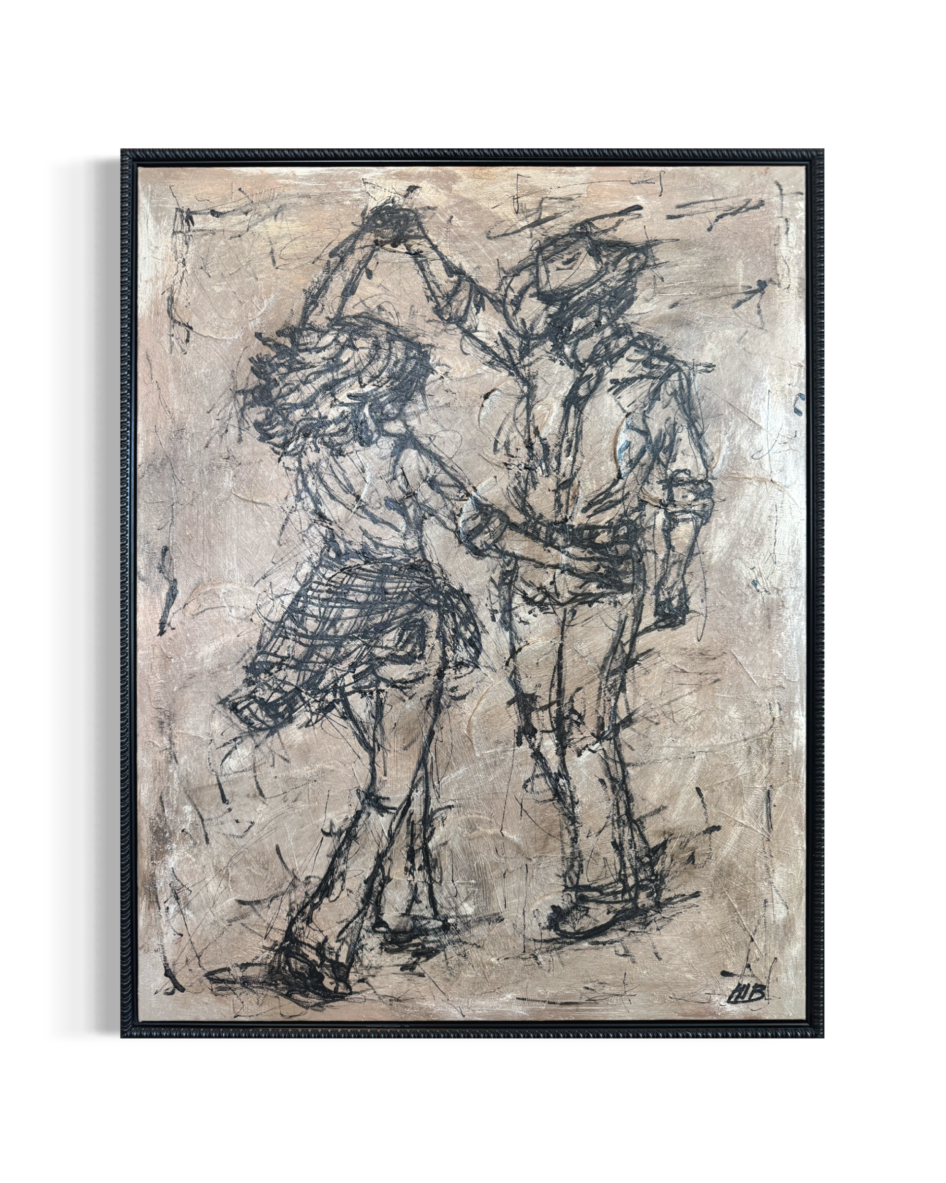 Black framed abstract sketch of a couple dancing, with a signature in the bottom right corner.