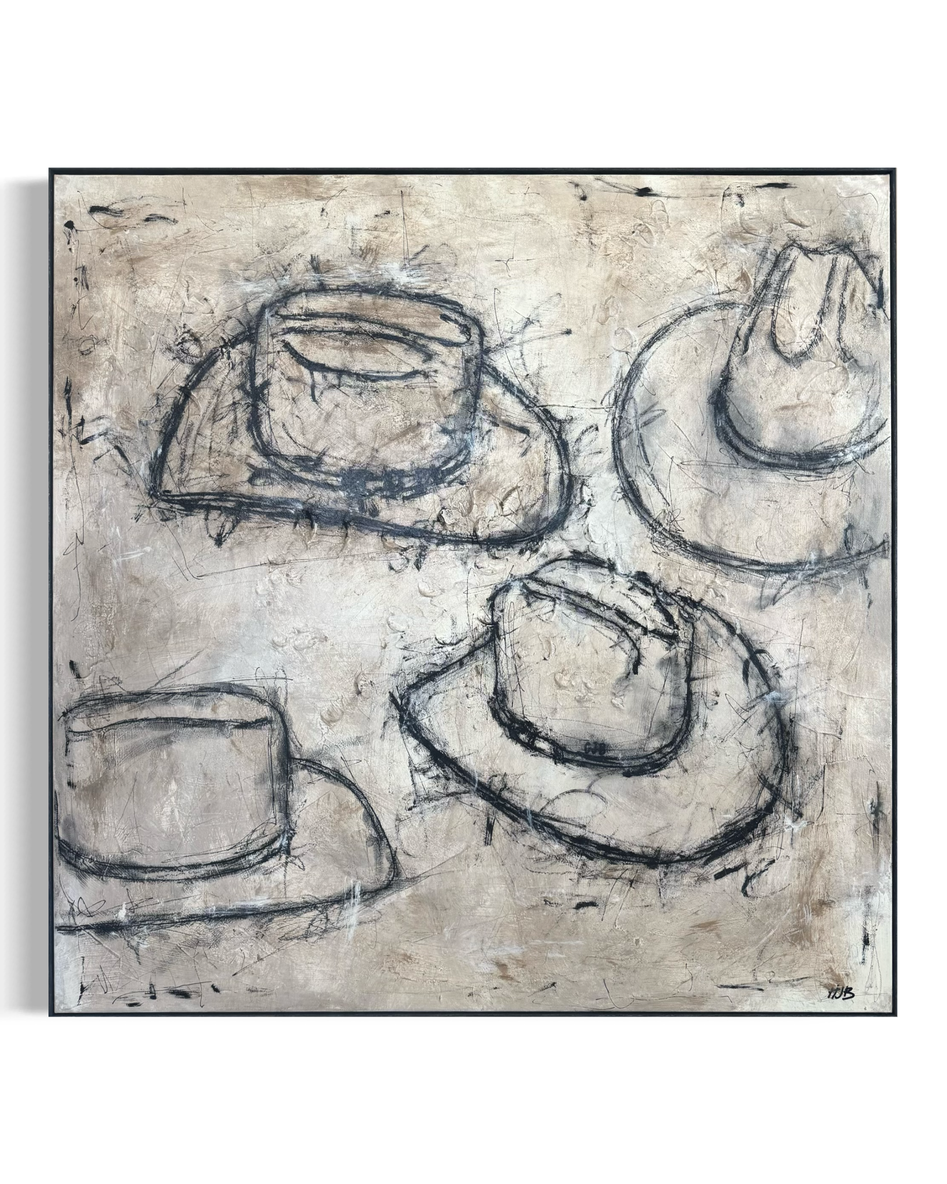 Abstract charcoal drawing of a group of upside-down glasses on a light background.