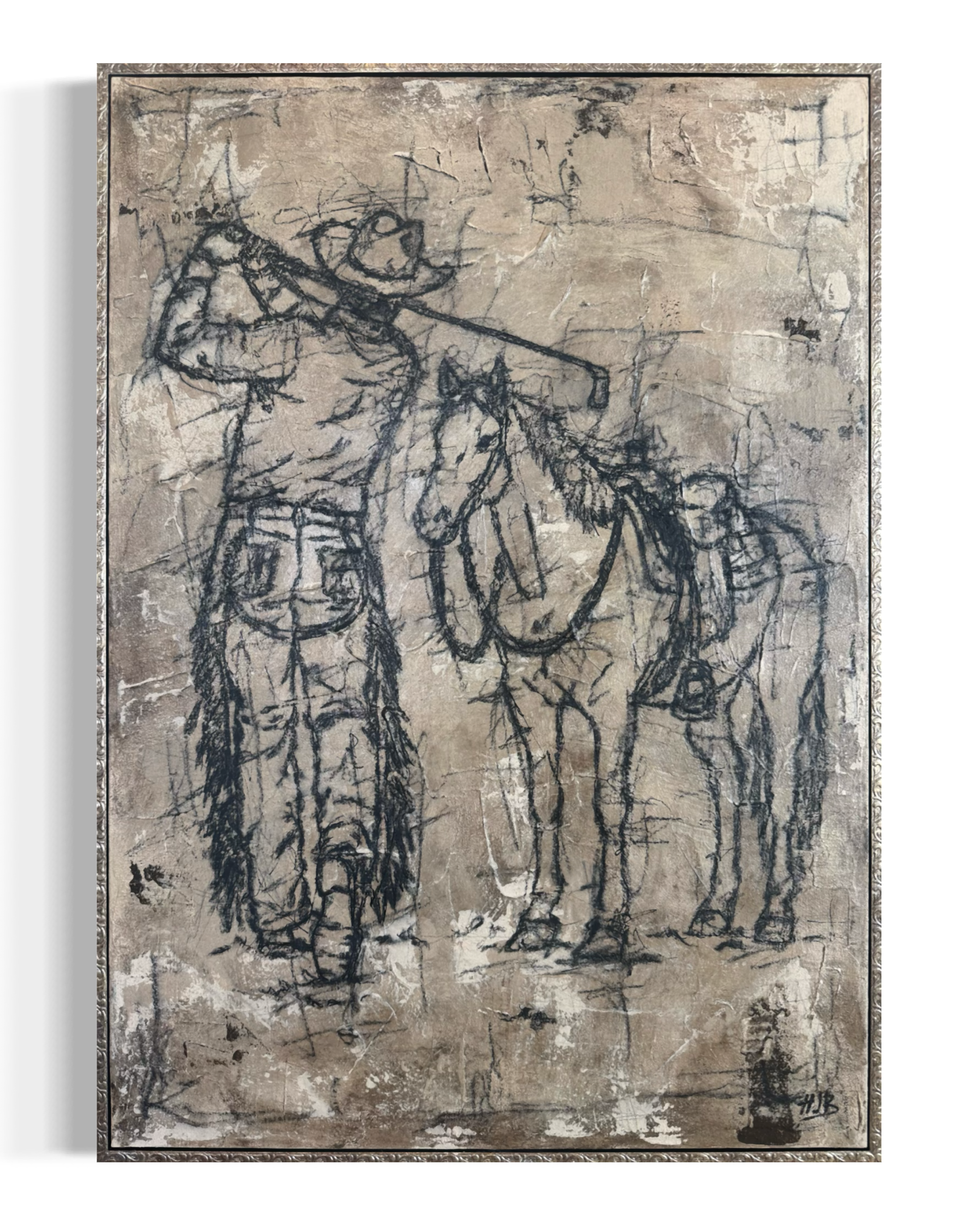 Abstract ink drawing of a mother holding her child on a horse, with simpler lines in a sketchy style.