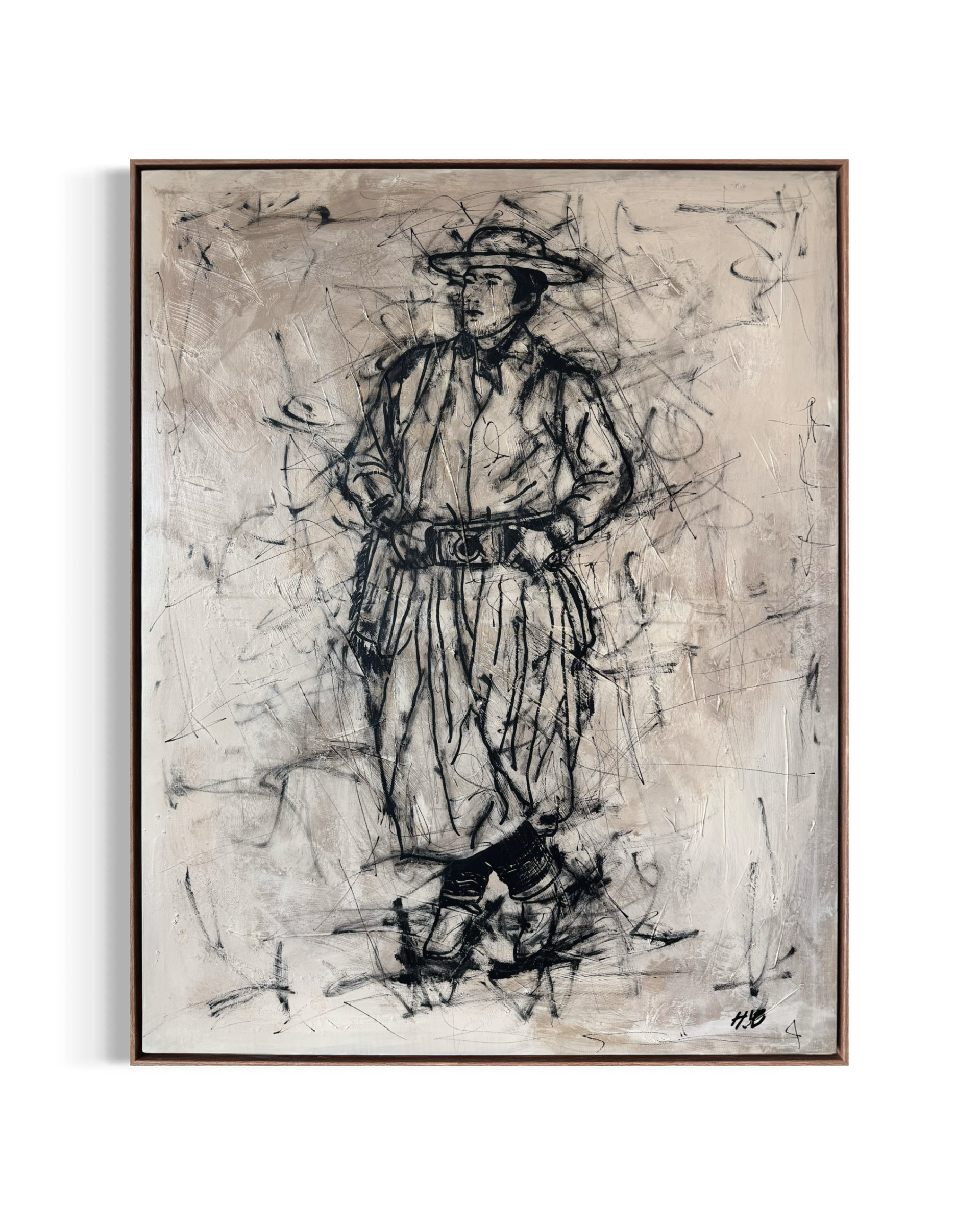 A framed abstract black and white painting of a woman wearing a wide-brimmed hat and a coat, with sketchy, expressive strokes on a textured background.