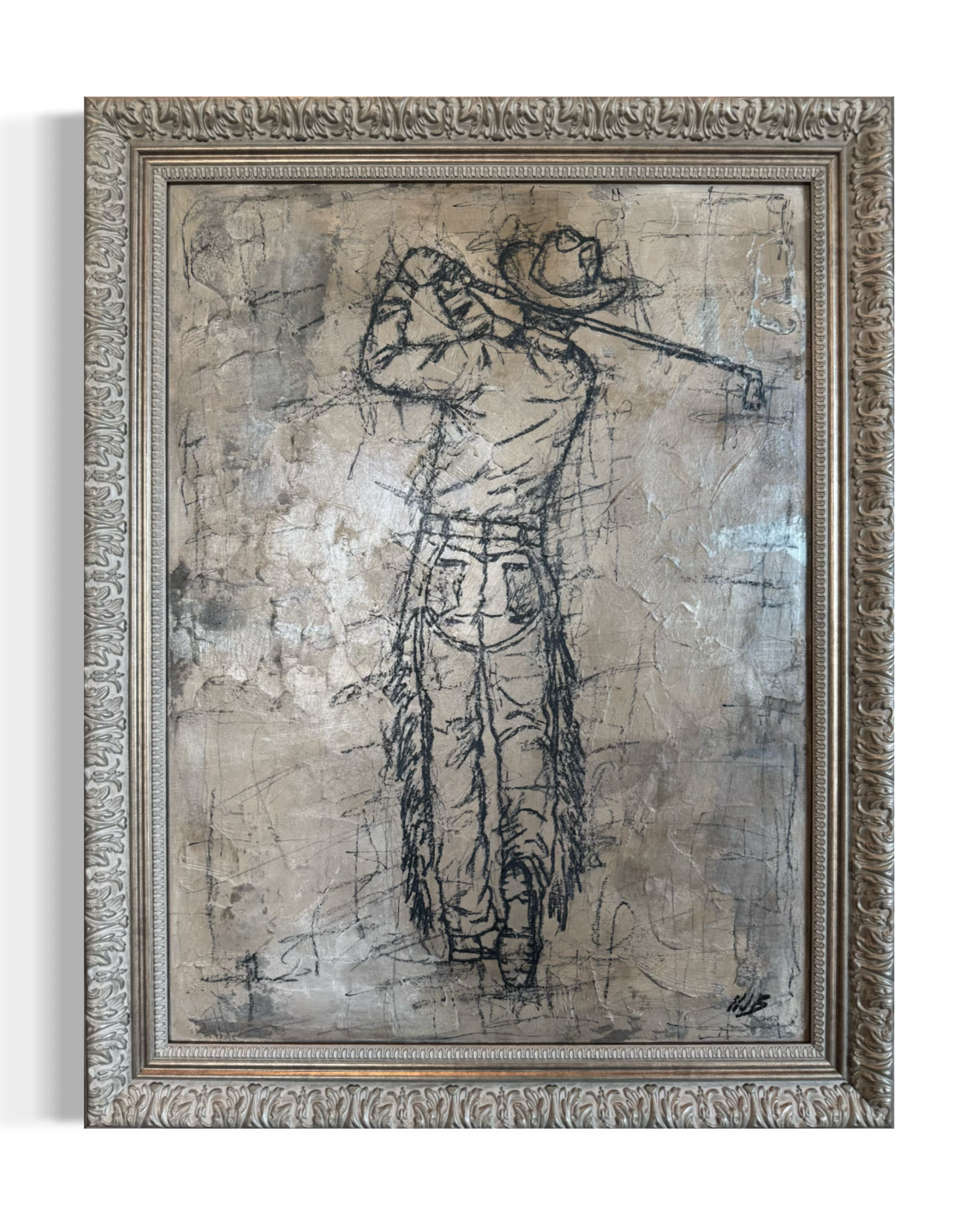 Black sketch of a person wearing a wide-brimmed hat, standing with one hand on their hip and the other resting on a stick, mounted in a decorative frame.