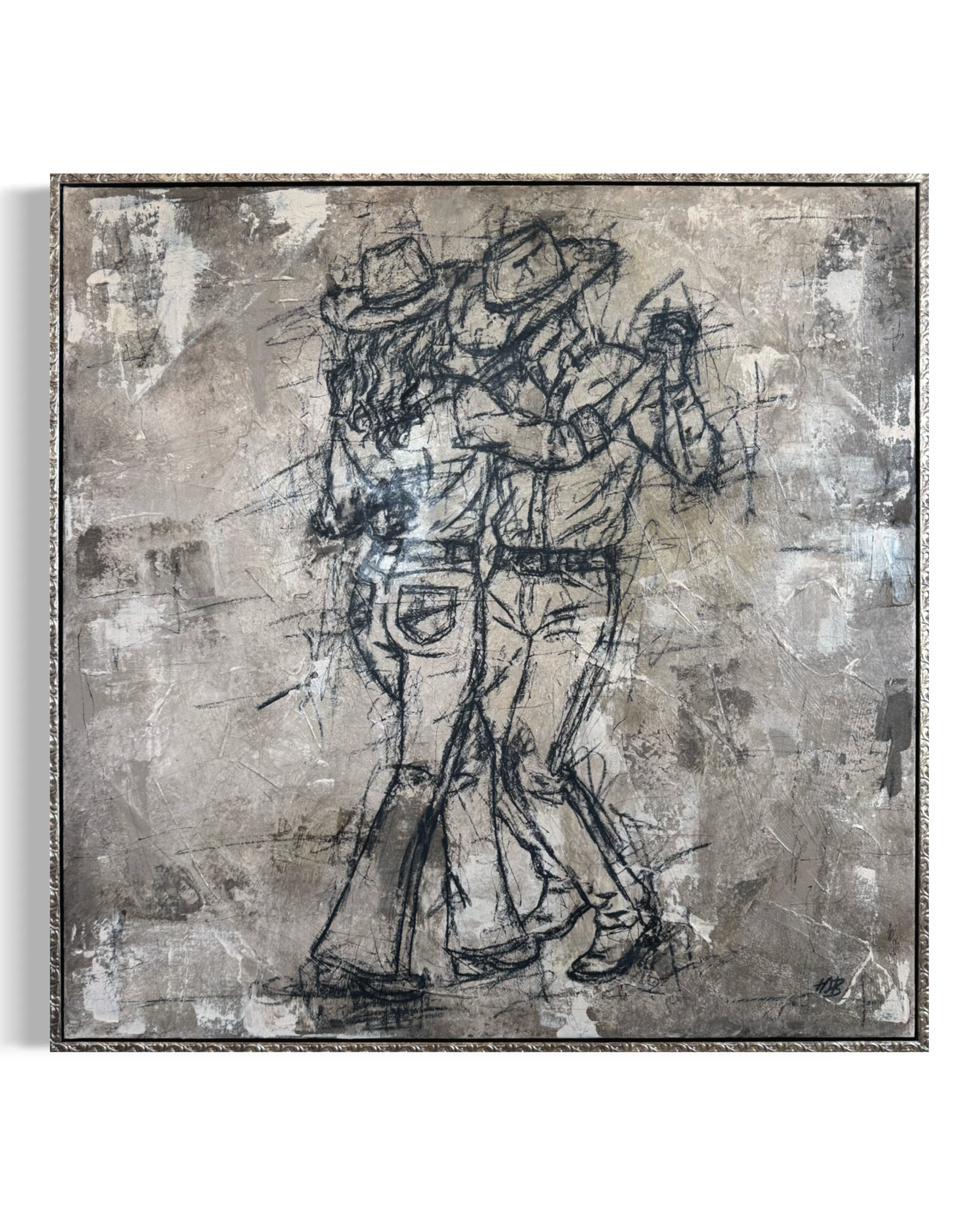 A black and white sketch of two children, a girl and a boy, hugging each other. The sketch is drawn with loose, expressive lines on a textured background, framed with an ornate border.