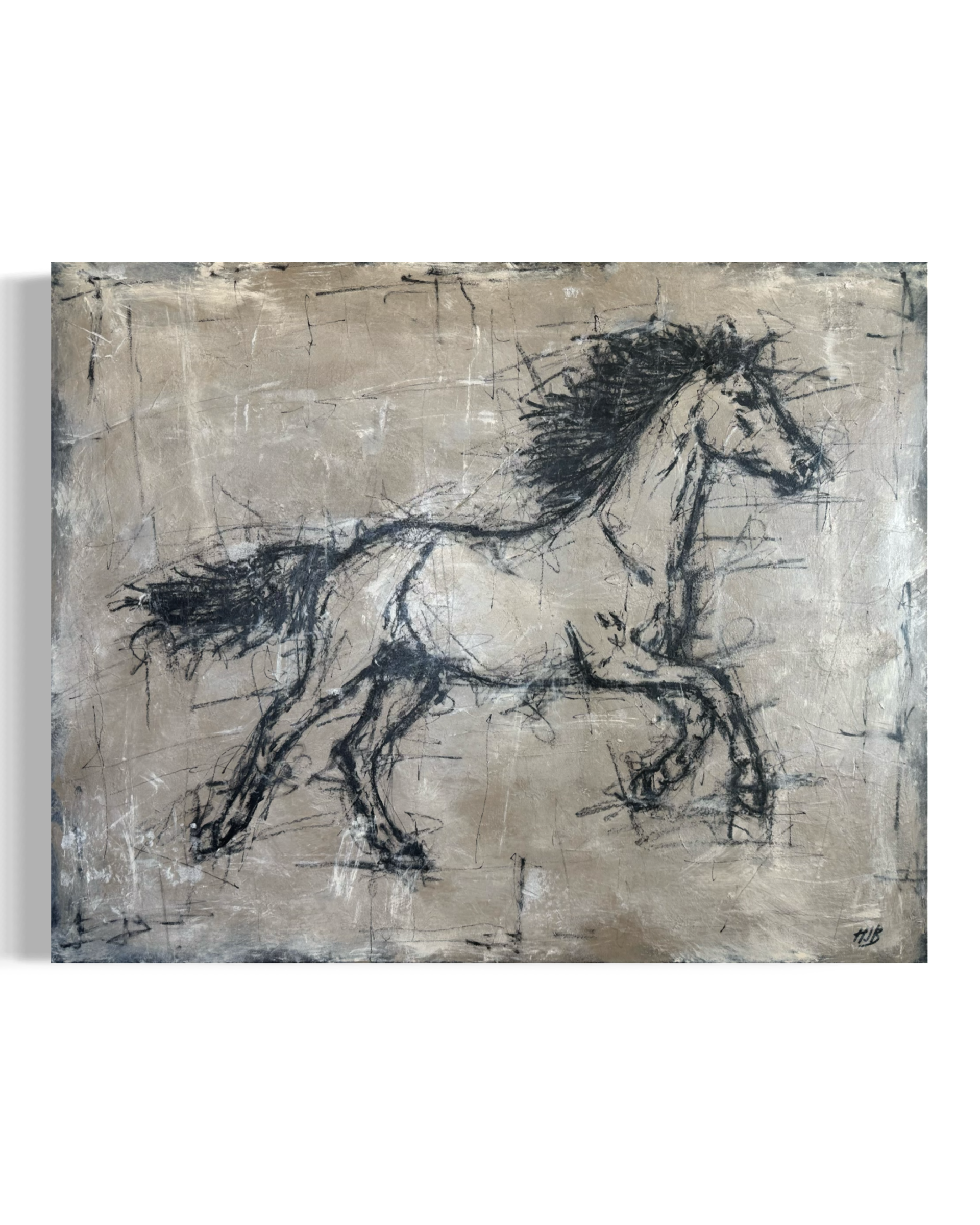 Sketch of a running horse with a loose, abstract style in black on a textured beige background.
