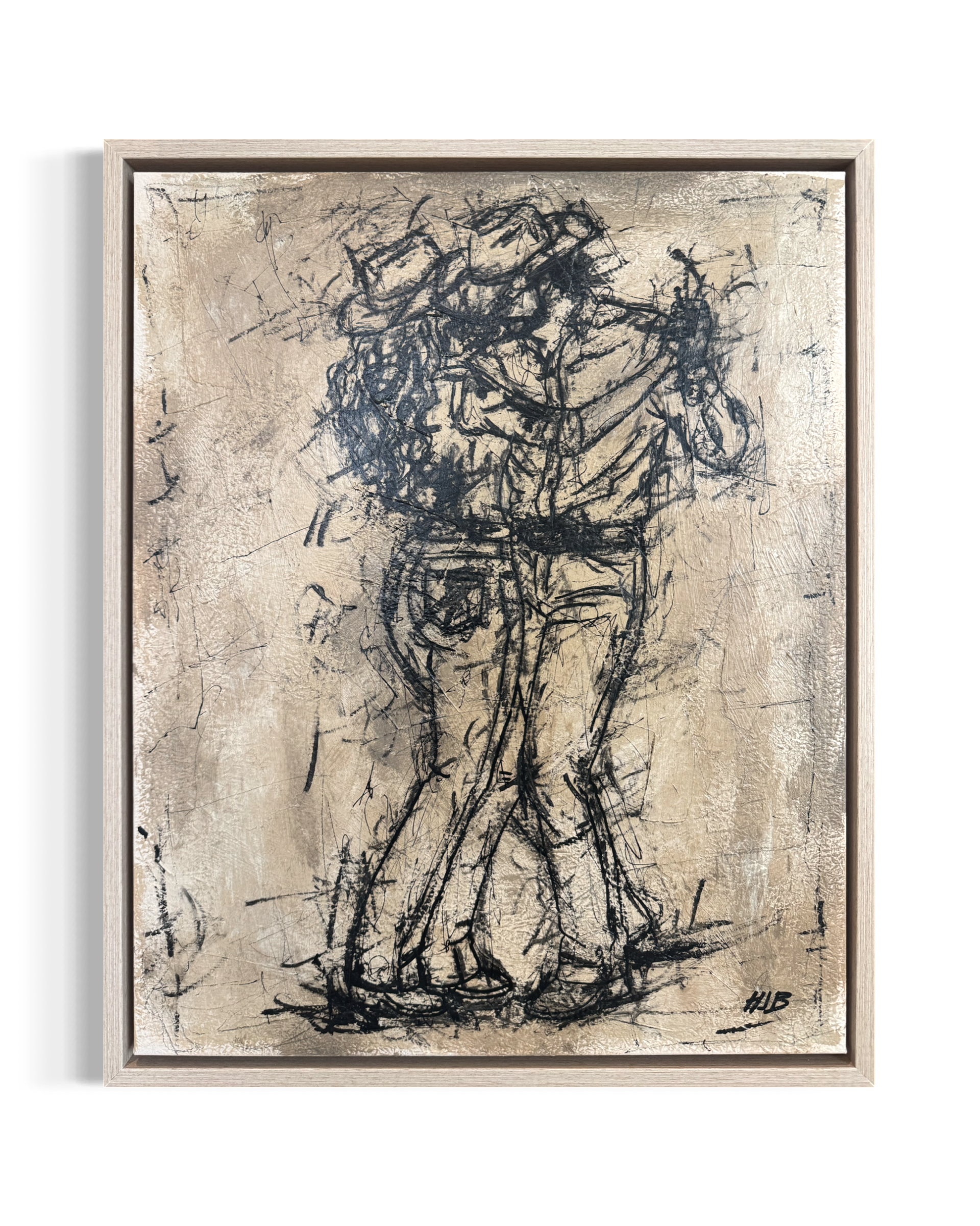 A framed abstract sketch of a person holding a tall object, drawn with black lines on a textured beige background, signed with initials 'HB' in the bottom right corner.