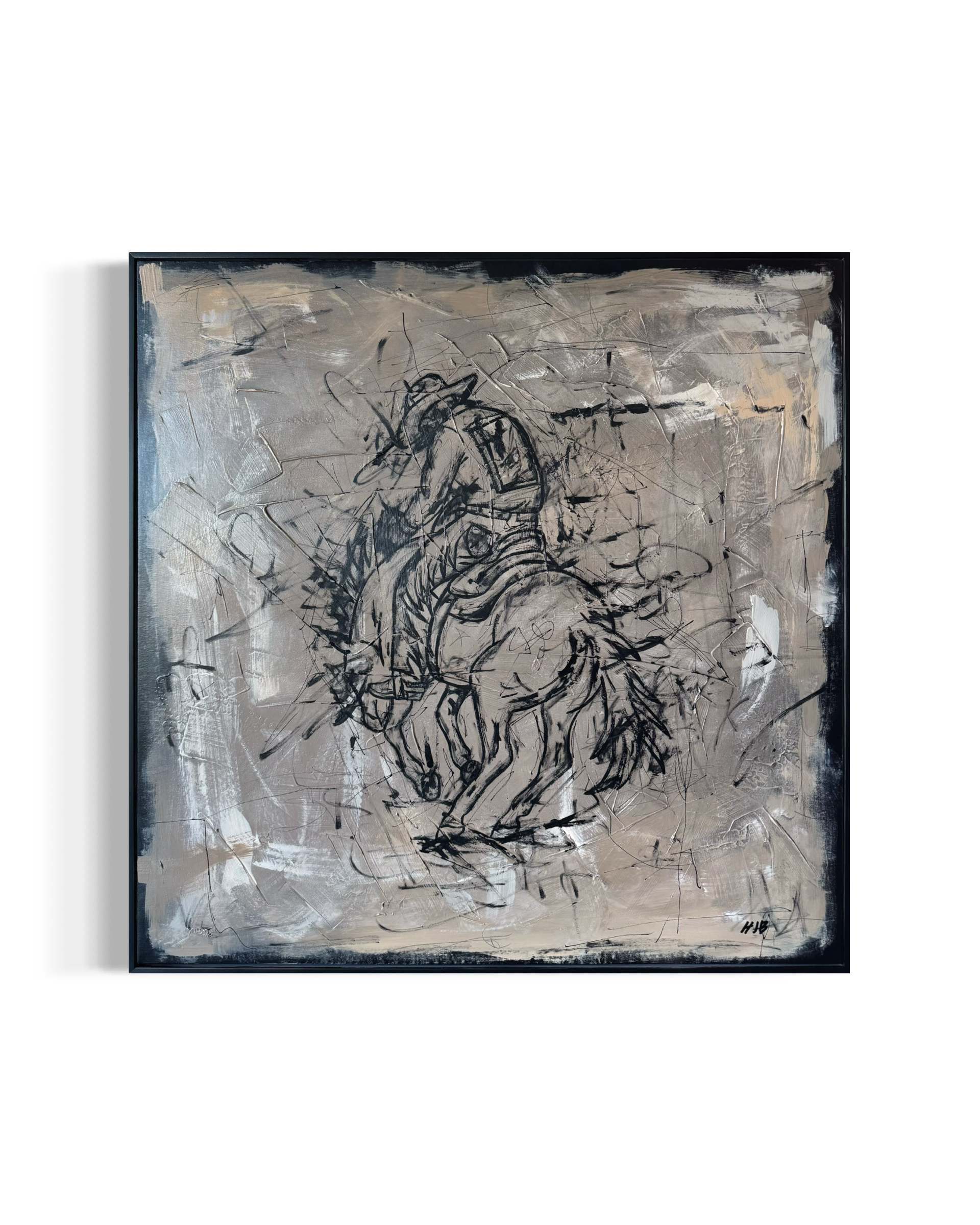 Abstract black and white painting of a cowboy on horseback, with loose, expressive brushstrokes and scribbled lines, signed with initials "H B" at the bottom right corner.