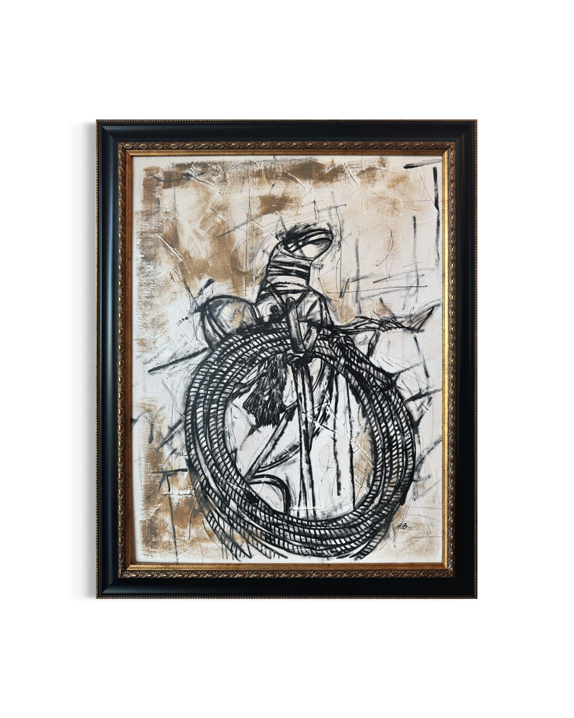 Artwork featuring a black abstract figure with a snake-like shape occupying most of the canvas, framed by an ornate gold-decorated black frame, with a textured beige background.