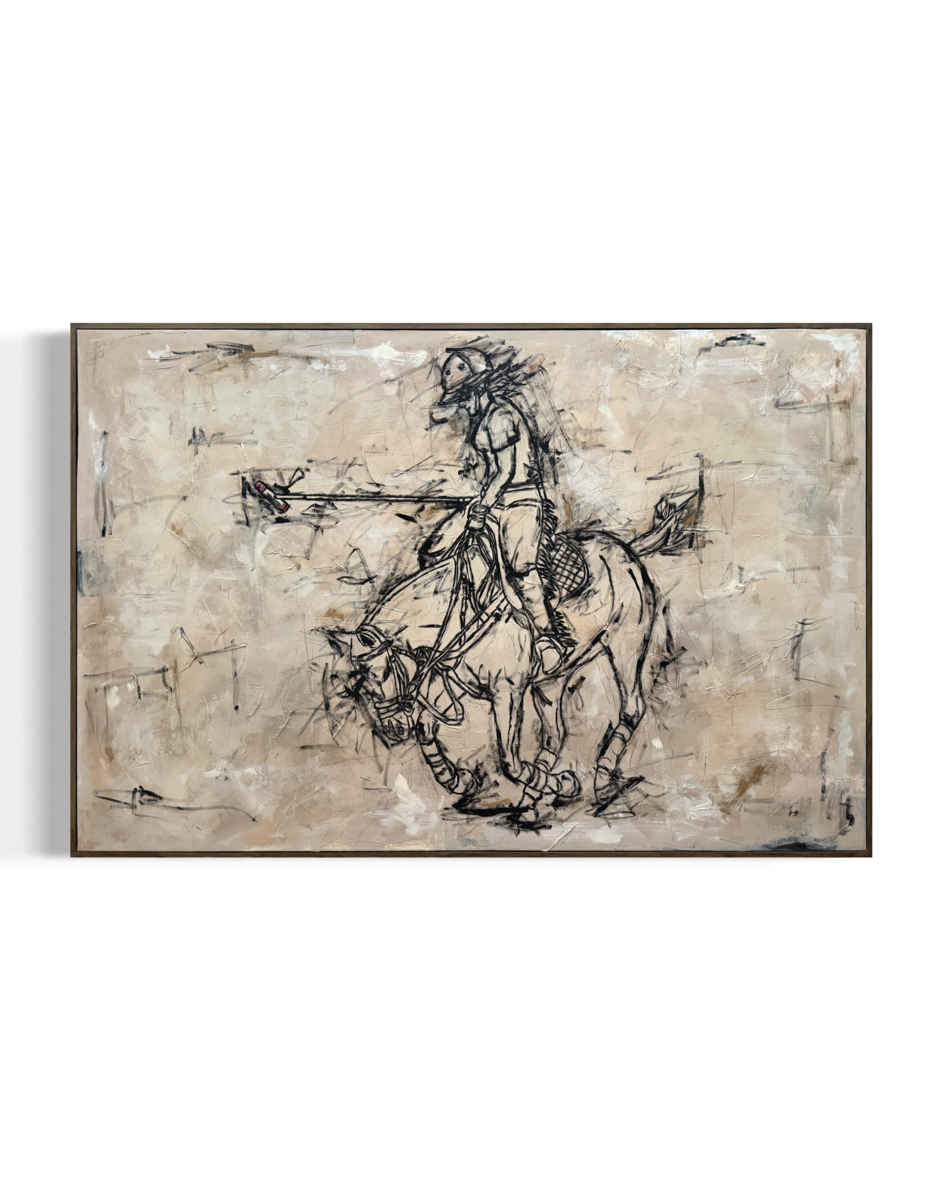 A large framed abstract artwork on a white wall. The artwork features a sketchy, monochrome drawing of a person riding a horse, rendered in expressive, loose black lines on a beige and white textured background.