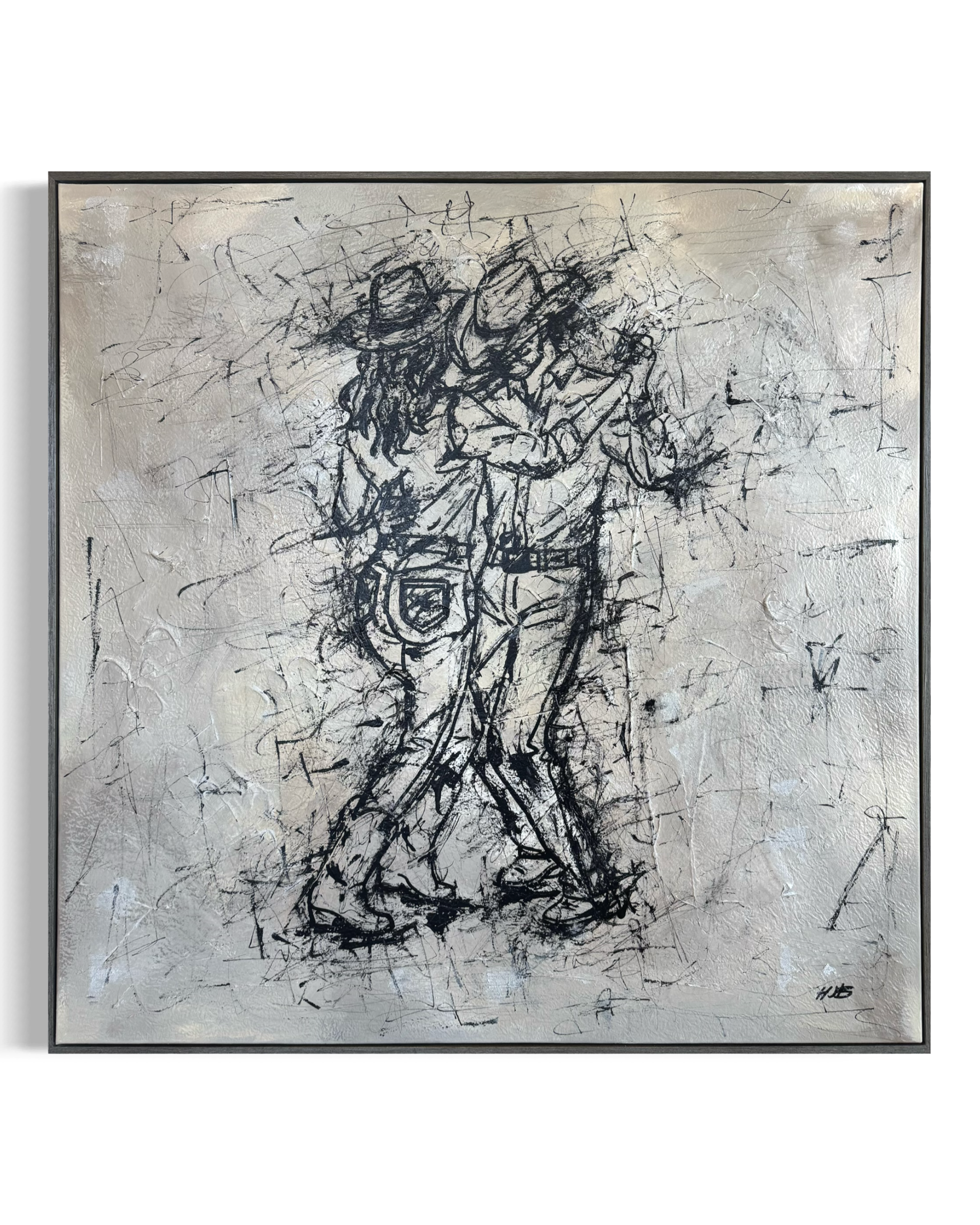 An abstract art piece featuring loose, black ink lines on a light background, depicting a humanoid figure with a strong posture, possibly holding an object, with expressive, chaotic brushstrokes and a signature on the bottom right.