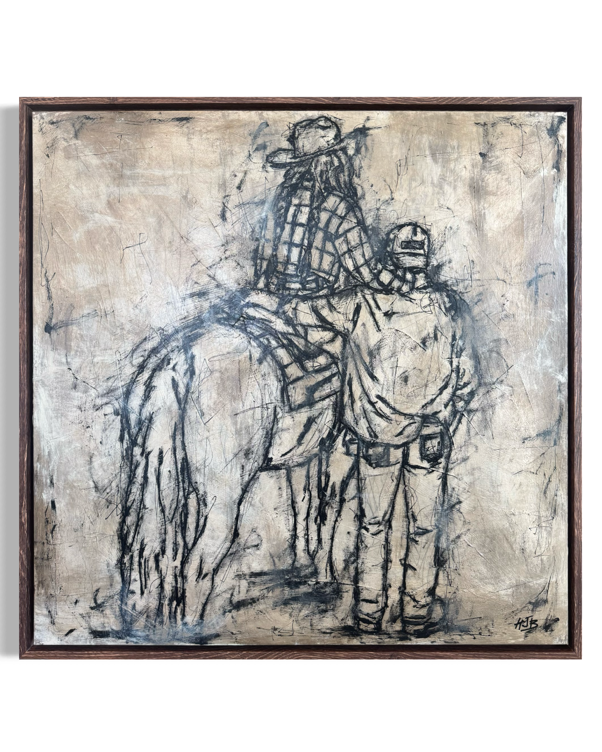 Black and white abstract sketch of a man riding a horse with a saddle, mounted on a beige textured canvas with an artist's signature in the lower right corner, enclosed in a wooden frame.