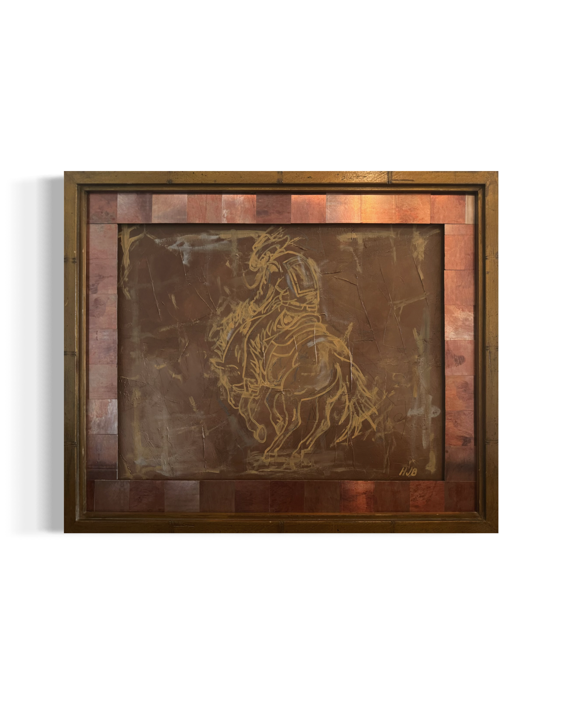 Framed artwork of a stylized horse sketch on a dark brown background, hanging on a white wall.